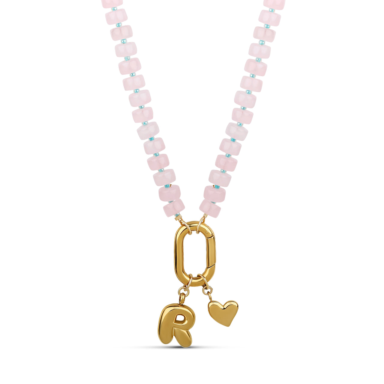 Pink Beaded Necklace with Heart and Initial Charms